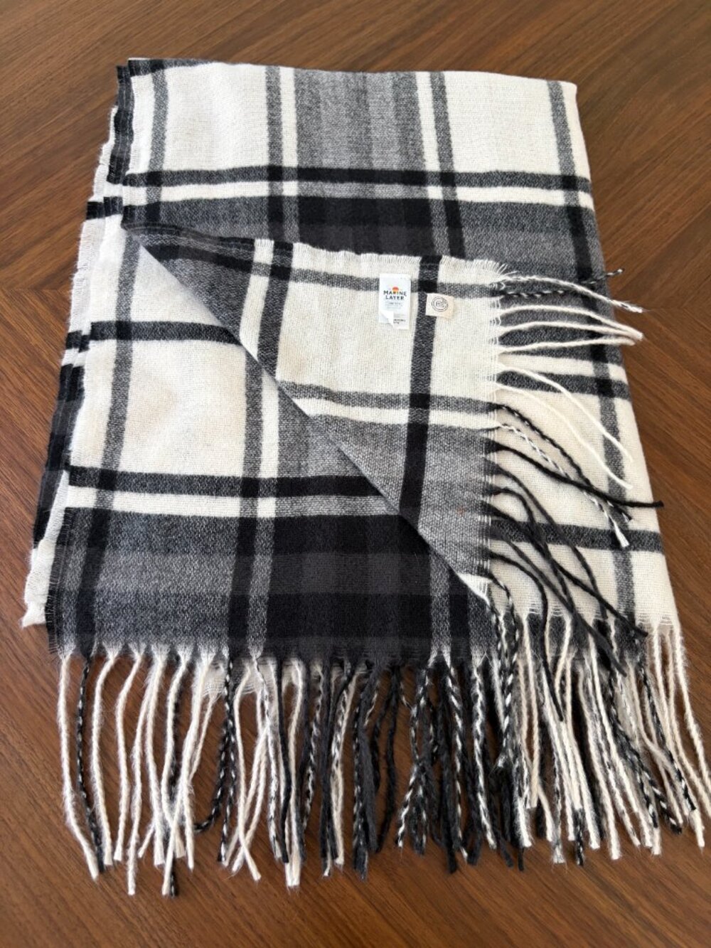Marine Layer Plaid Fringe Scarf Black White Soft Cozy Winter Wrap Unisex NWOT